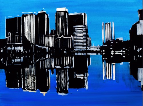 Canary Wharf at Night painting of london city landscape of canary wharf by Alex Borissov, oil on canvas, 2004